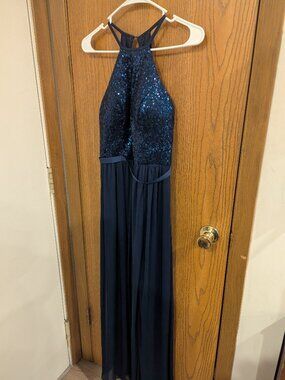 David's Bridal Sequin Halter Full Length Side Slit Belted Navy Gown-2